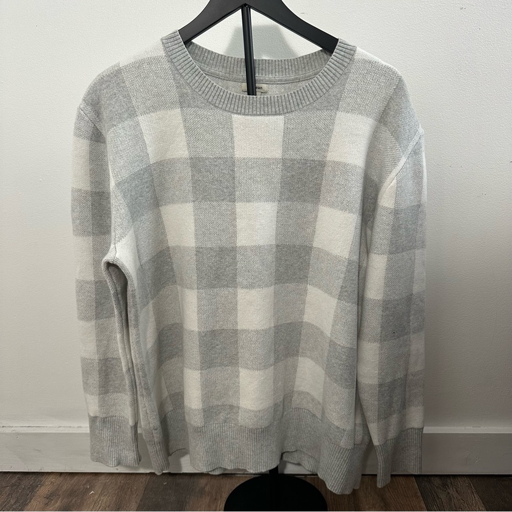 L.L. Bean Gray and White Plaid Crewneck Sweater women’s XL cotton cashmere blend